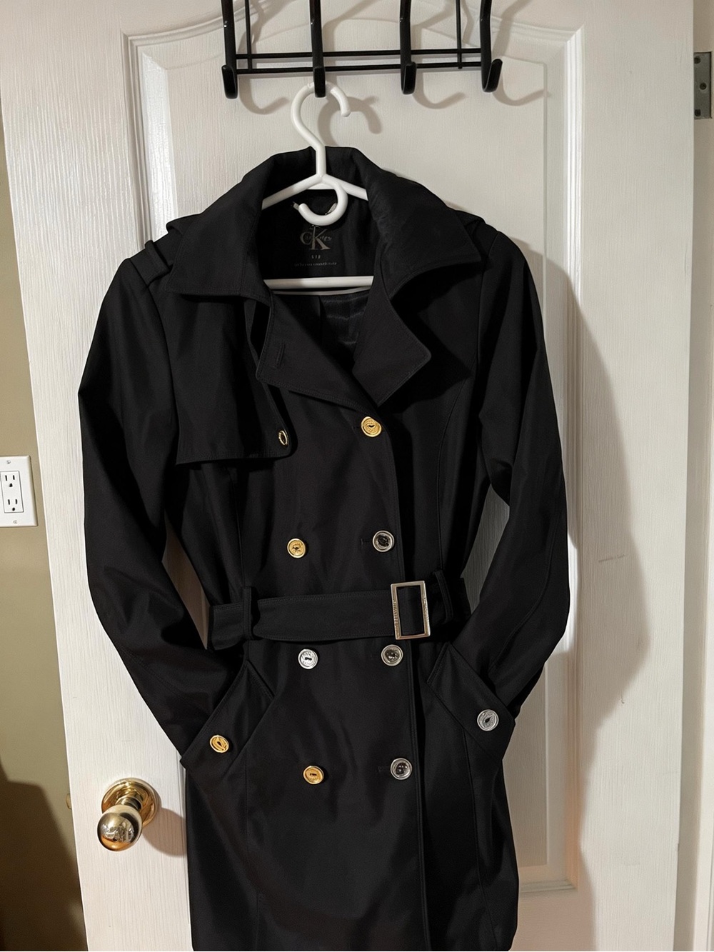 Calvin Klein Black Double-Breasted Trench with Mixed Metal Buttons